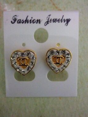 💲Lower Price 💲Gold-Tone Heart Stud Earrings  White w/ Clear Crystals